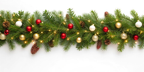 Seamless decorative christmas border with coniferous branches and garlands of christmas lights and ornaments cosmetics festival perfume background