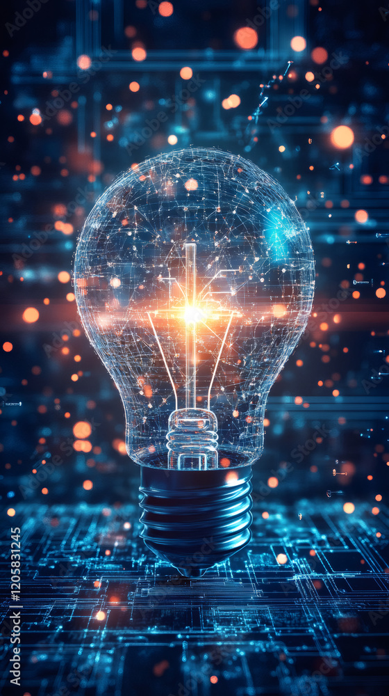 Poster glowing polygonal light bulb floating above electronic circuit, representing innovative technologica