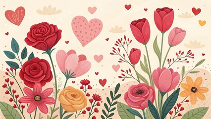 light yellow background with flowers, plants and heart shapes for graphic designs related to valentine