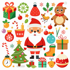 A collection of various Christmas-themed clip art illustrations, including Santa Claus, reindeer, trees, gifts, and other festive elements with white background
