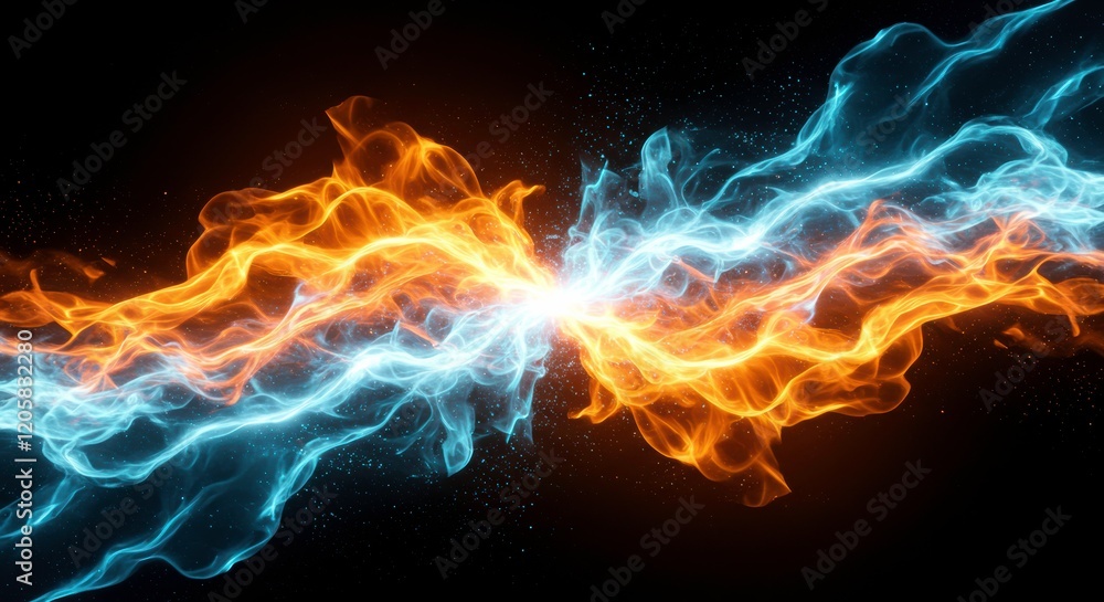 Poster clash of elements: abstract fiery and icy streams collide in a dramatic, swirling vortex of contrast