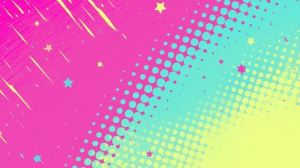 Abstract background with pink, teal, yellow halftone dots and shooting stars.