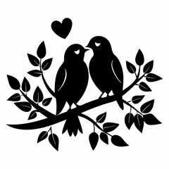 Lovebirds on a Branch Silhouette black silhouette vector illustration white background
