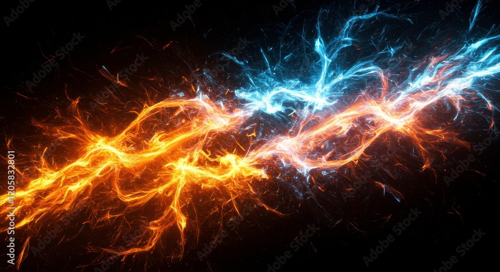 Poster clash of elements: a mesmerizing clash of fiery orange and icy blue energy streams, creating a capti
