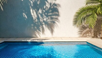 Fototapeta premium Tropical summer background with plaster wall, pool water and palm