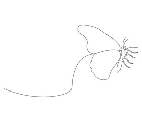 Continuous one line drawing of butterfly . Beautiful flying moth for wellbeing beauty or spa salon logo and divider concept in simple linear style . Concept vector art. Doodle line illustration.
