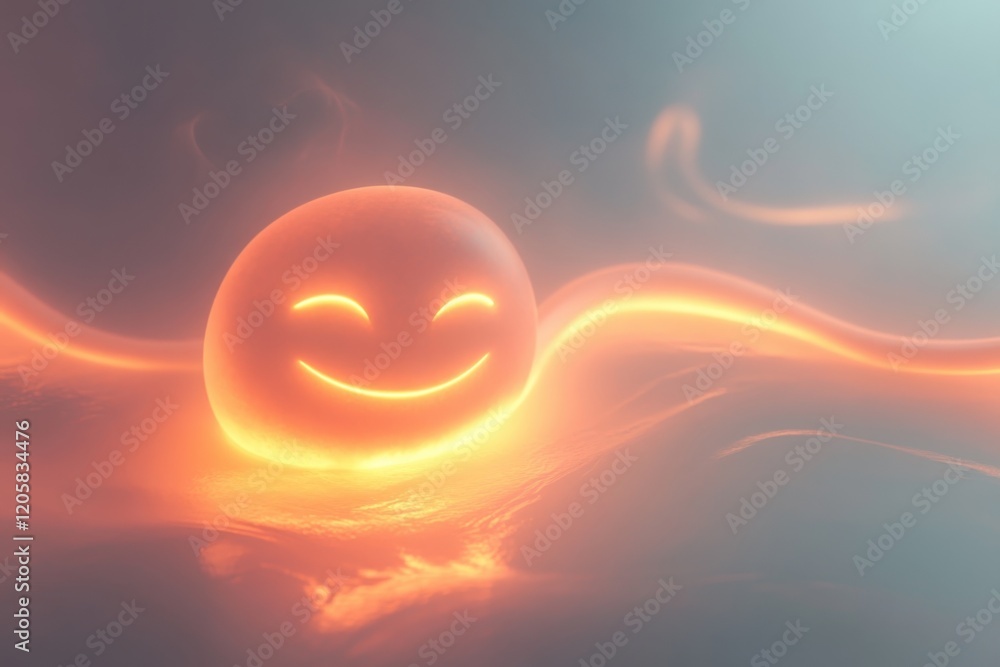 Poster glow of happiness radiates from a smiling orb in a soft, ethereal environment
