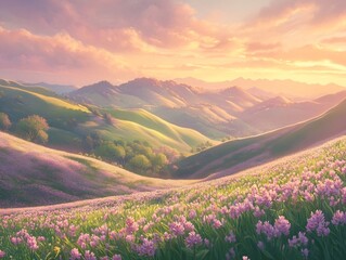 Scenic Mountainous Landscape with Blooming Meadow and Vibrant Sunset Sky