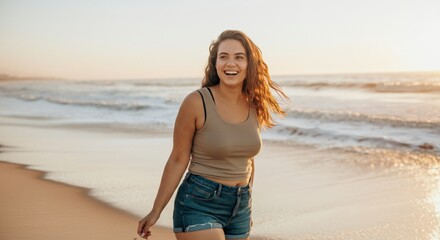 Joyful young hispanic female walking on beach during sunset for summer vacation inspiration
