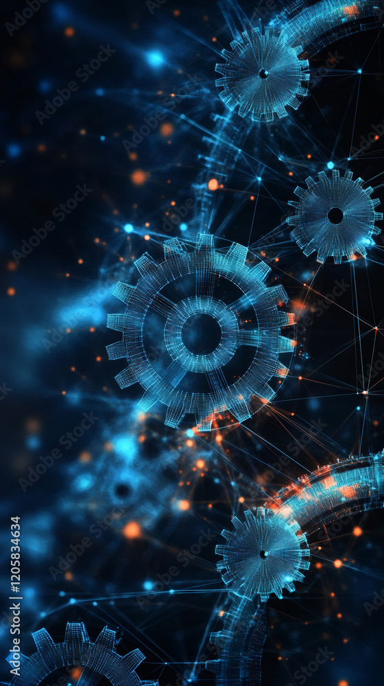 Poster futuristic gears rotating and connecting, symbolizing digital transformation, innovation, and the in