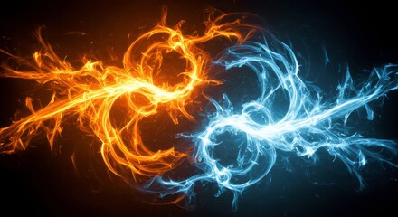 Fiery Ice Dance: An abstract image depicting a mesmerizing dance between swirling flames of fiery orange and icy blue, creating a captivating visual contrast of heat and cold. 