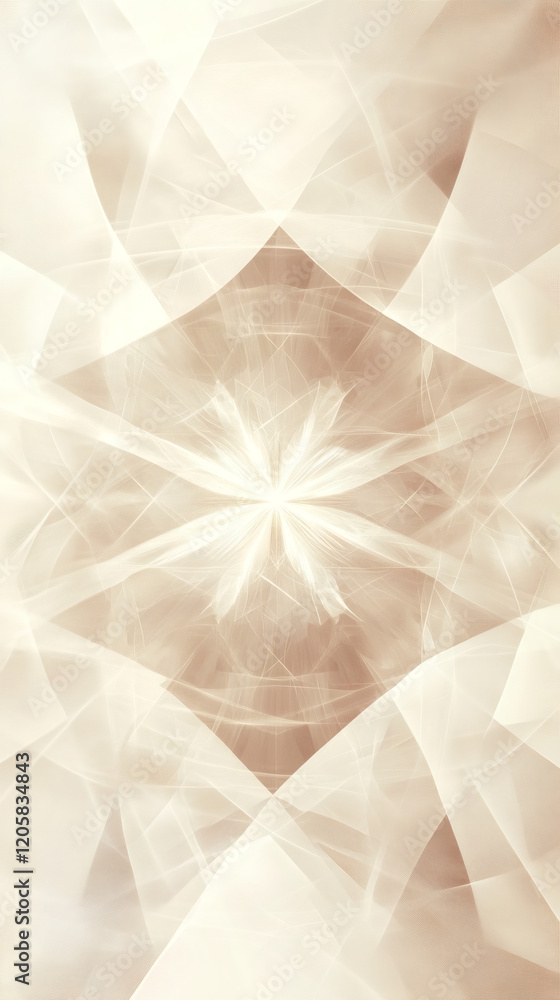 Aufkleber Bright beige abstract background with translucent overlapping shapes converging towards a central shining spot, creating a fractal pattern