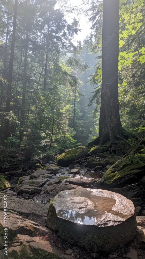 Poster a tranquil forest scene featuring a stone in a stream, surrounded by lush trees and dappled sunlight