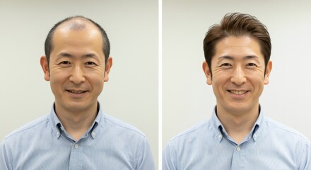 Transformation of asian adult male with hair growth from baldness to full head