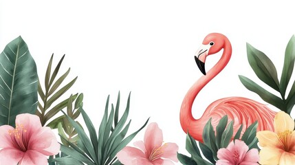 A vibrant illustration featuring a pink flamingo amidst tropical flowers and lush green leaves, creating a lively, summery atmosphere.