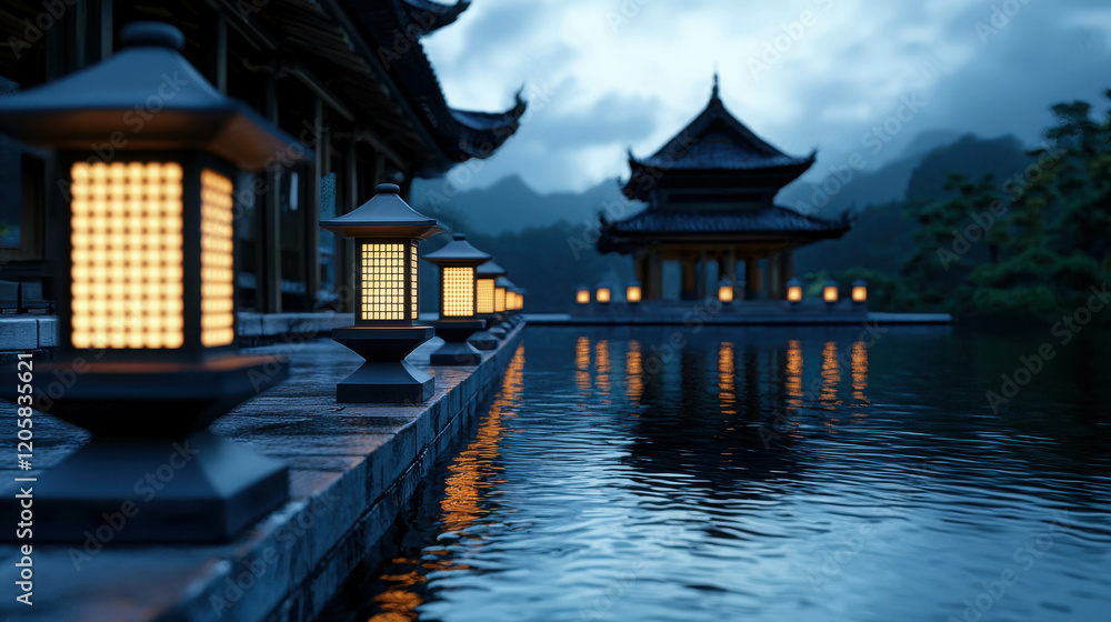 Poster ancient floating palace surrounded by spiraling waters at twilight with lanterns glowing