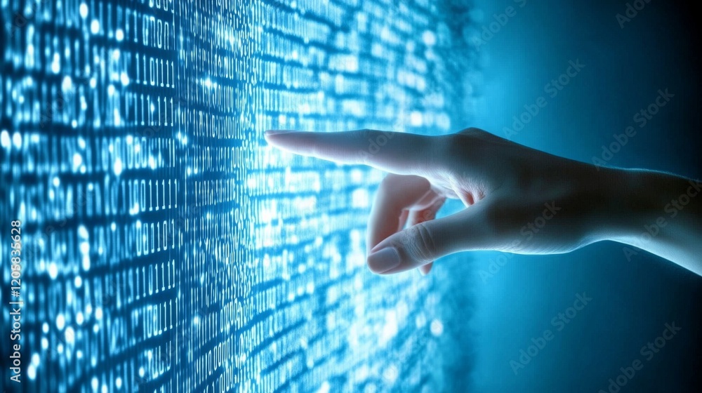 Poster A hand touches a glowing digital interface of binary code, symbolizing interaction with technology and data.