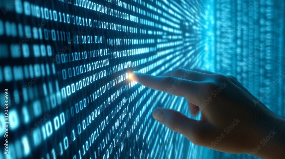 Poster a hand reaches towards a digital wall of binary code, symbolizing interaction with technology and da