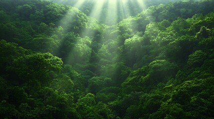 Fototapeta premium Lush Green Forest with Sunlight Beams Illuminating the Canopy and Understory