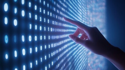 A hand reaches out to touch a glowing digital display, featuring a grid of illuminated dots in a mesmerizing blue hue.