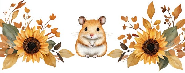 Obraz premium A cute hamster sits surrounded by vibrant sunflowers and autumn leaves, creating a warm and inviting atmosphere.