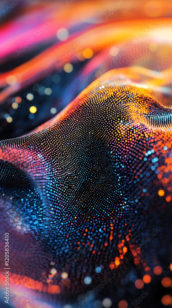 Fototapete Vibrant digital particle stream flowing through cyberspace, dynamic data visualization rendering