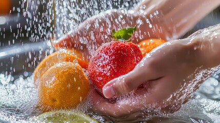 Fototapeta premium Washing Fresh Fruits Under Running Water with Hands In Kitchen Sink For Healthy Diet.
