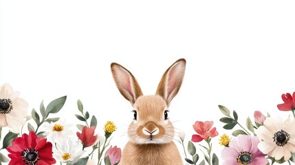 Obraz premium A cute rabbit surrounded by colorful flowers against a white background, creating a cheerful and vibrant scene.