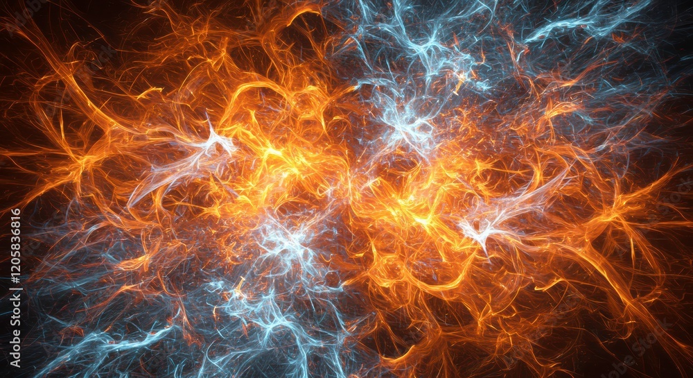 Poster fiery ice collision: an abstract fractal art piece depicting a dynamic clash between fiery orange an
