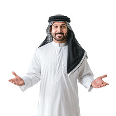 Man wearing a white robe and a black scarf is smiling and pointing to the sky