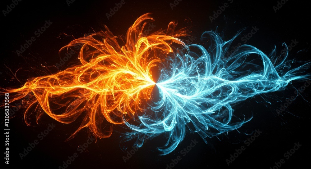 Poster fire and ice dance: an abstract image depicting a mesmerizing clash of fire and ice, swirling in a d