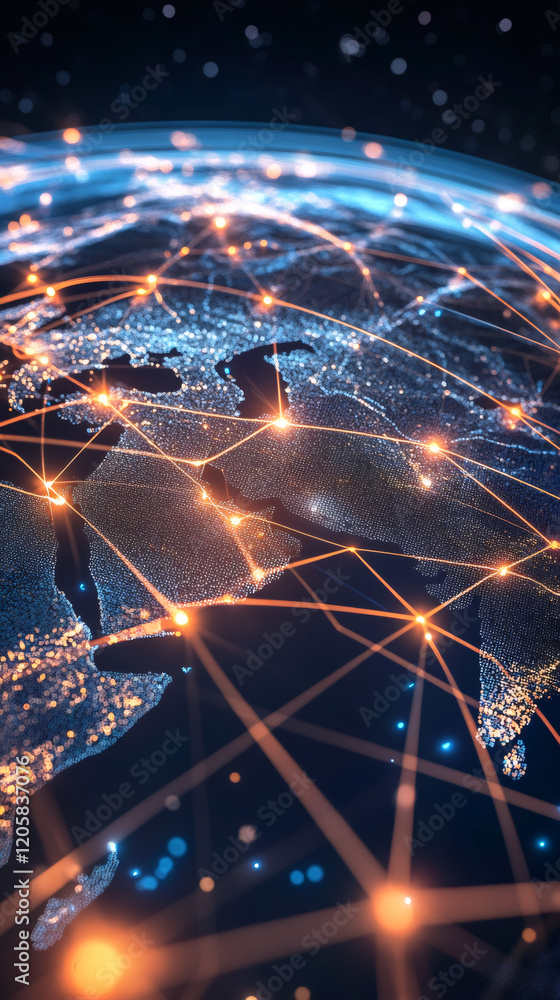 Poster planet earth rotating and showing global network and data exchange, worldwide communication and inte