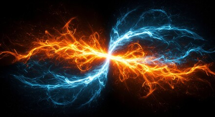 Clash of Elements: An electrifying digital art image depicting a swirling collision of fiery orange and icy blue energy, symbolizing the powerful struggle between opposing forces.
