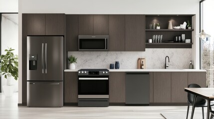 Fototapeta premium Modern kitchen design highlighting flat-front cabinets and integrated appliances