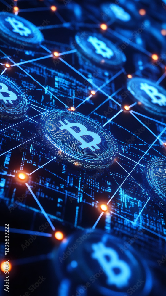 Aufkleber Cryptocurrency blockchain network connecting bitcoin coins on digital motherboard with glowing lines and data, shining with blue light