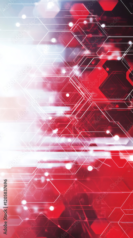 Poster abstract red and white digital network background connecting hexagon shapes with light trails