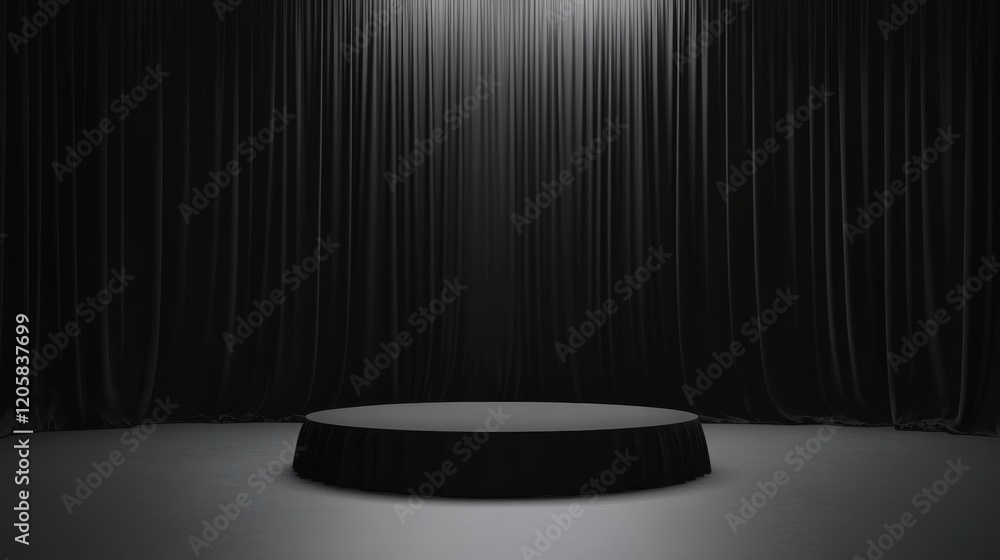Poster empty studio features a circular podium pedestal against a solid black backdrop, creating a luxuriou