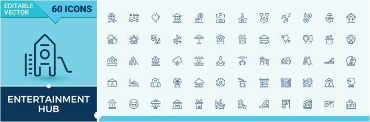 Entertainment Hub line icons set. Includes thin line funfair, magic, round, circus, amusement, cars, cracker and more. Minimal icons. Editable vector icon and illustration.