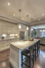 Fototapeta premium Elegant open-concept kitchen design with handleless cabinetry and seamless marble countertop