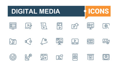 Digital Media icon set. Icons communication, speaker, mobile, movie, set, computer, button, line. Minimalistic icons. Editable stroke. Vector illustration.
