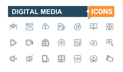 Digital Media icon set. Icons communication, speaker, mobile, movie, set, computer, button, line. Minimalistic icons. Editable stroke. Vector illustration.