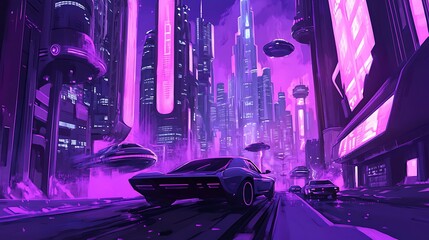 Futuristic City Street with Purple Neon Lights and Flying Cars