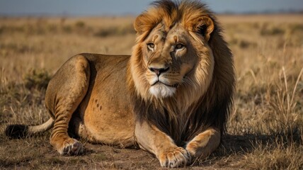 Obraz premium Close-up of a majestic male lion resting in a grassy field, highlighting its golden mane and attentive gaze.