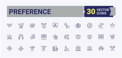 Preference linear icon collection. Containing quiz, business, option, opportunity, preference, variety, choice and more. Minimalistic icons. Vector illustration in modern line style.