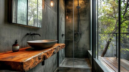 Modern bathroom with dark textured concrete, graphite-gray tiles, rustic wooden countertop and vessel sink. Modern minimalist bathroom interior design.