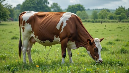  A gentle cow calmly grazing in a lush green pasture, representing peaceful rural life, the essential role of livestock in agriculture, and the sustainable practices of farming communities-