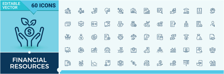 Set of Financial Resources line icons. Icons wallet, currency, credit, fund, team, collection, earning and more. Icons for UI. Editable stroke. Vector illustration.