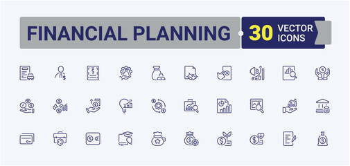 Financial Planning icon set. Icons savings, monitoring, globalization, withdrawal, business, earning and more. Icons for UI. Editable stroke. Vector illustration.