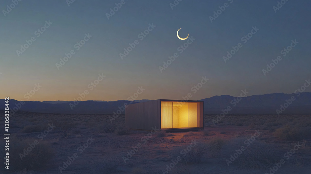 Poster minimalist cube structure in a desert landscape with crescent moon at twilight
