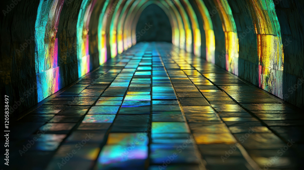 Poster endless highway of light through floating crystals in a dreamlike tunnel scene